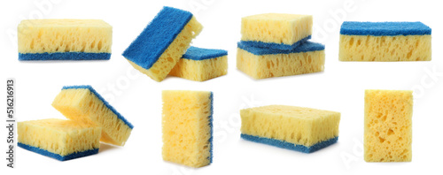 Set with cleaning sponges on white background. Banner design