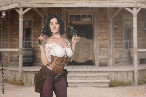 Young beautiful female gunslinger posing outside an old western saloon holding two revolver pistols. 3D illustration.