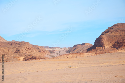 Wild Sahara desert with mountains rising from sands on horizon on hot sunny summer day. Beautiful landscape of wild sandy area under blue sky 