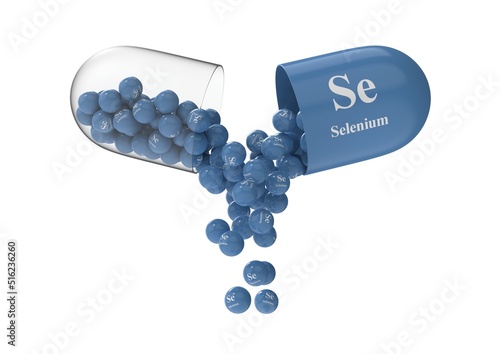 Open capsule with selenium from which the vitamin composition is poured. Medical 3D rendering illustration