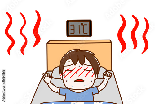 熱帯夜の中ベッドで顔が真っ赤に熱中症になりそうになっている少年