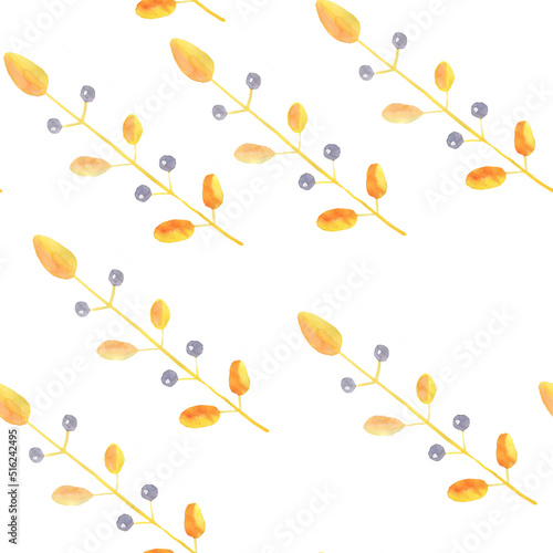 Seamless floral pattern with watercolor blue branches with leaves, hand drawn isolated on a white background