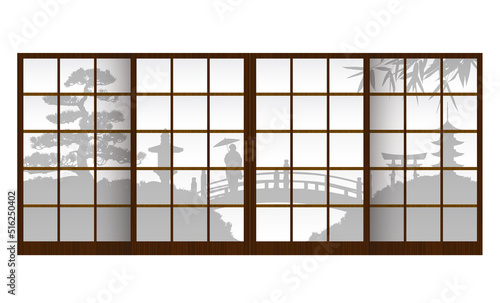 Japanese garden silhouette through the shoji ( japanese traditional doorwindow ) vector illustration