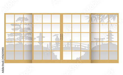 Japanese garden silhouette through the shoji ( japanese traditional doorwindow ) vector illustration