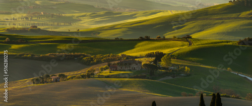 Tuscany landscape panorama at sunrise, Val d'Orcia, Italy