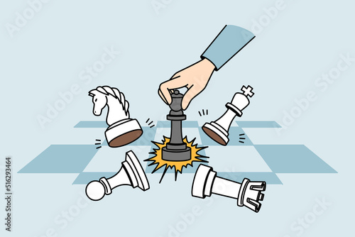 Businessman playing chess on chessboard. Concept of business strategy and planning. Gambit utter and victory. Vector illustration. 