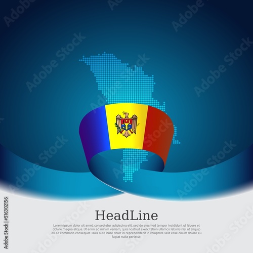 Moldova flag, mosaic map on blue white background. Wavy ribbon with the moldavian flag. Vector banner design, moldova national poster. Cover for business booklet. State patriotic, flyer, brochure