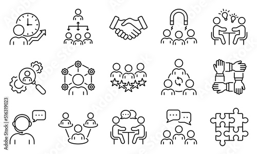 Group Team Network Line Icon Set. Community Business People Work Process Linear Pictogram Collection. Time Management, Service Management Outline Icon. Editable Stroke. Isolated Vector Illustration