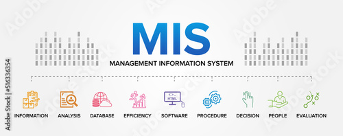 MIS - Management Information System vector icons set infographics background.