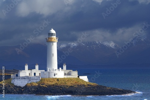 Scenic view of Lismore lighthouse on the coast of the Isle of Mull, Scotland