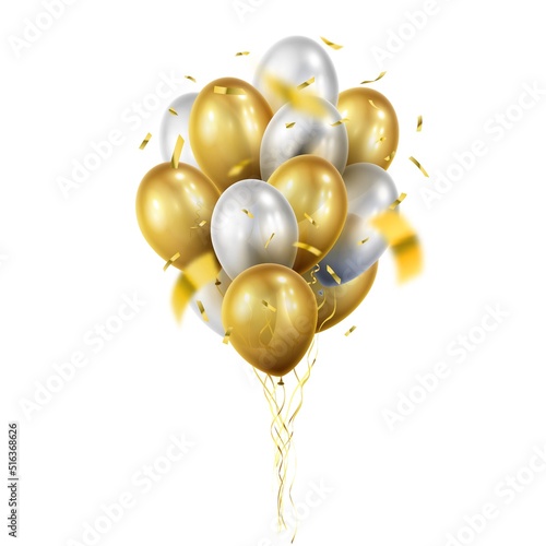 Bunch of realistic transparent, golden ballons and gold ribbons, serpentine, confetti. Bouquet. illustration for card, party, design, flyer, poster, decor, banner, web, advertising.