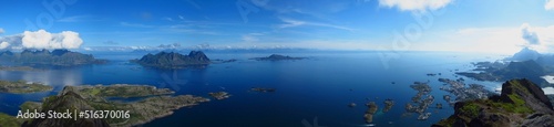 Aerial panoramic shot of Lofoten archipelago surrounded by water in Norway