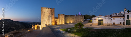 Elvas, Portugal: Castelo of Elvas with the fort "Forte da Graca" on the hill to the left. Panoramic image from several single images. Blue hour / twilight shot.