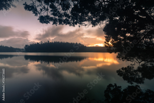 Serene view of a lake during sundown captured using long exposure with perfect reflection