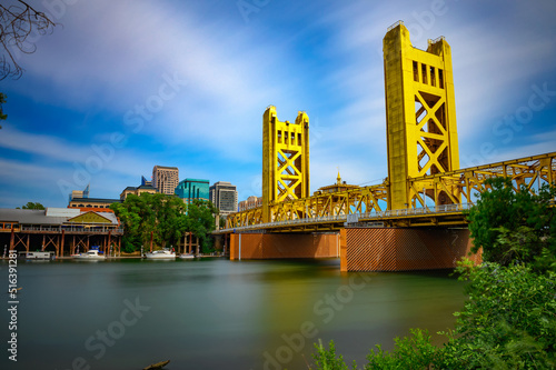 Gold Tower Bridge and Sacramento River in Sacramento, California