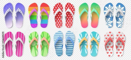 Realistic colorful flip flops model. 3D rubber shoes. Patterned bright sandals top view. Beach summer footwear. Bathroom feet accessories. Casual clothing. Vector isolated slippers set