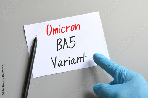 Covid-19 new variants of Omicron. Doctor's hand in blue glove indicate to the inscription "Omicron BA.5 Variant" on a white sheet. Concept for the new Covid 19 Omicron variants