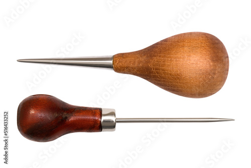 Awl isolated on white background. Tools for manufacturing. Two wooden retro old styled awls