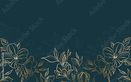 Vector artdeco luxury flower line pattern, golden background. Hand drawn peonies for packaging, social media post, cover, banner, creative post and wall arts.