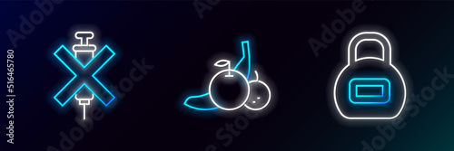 Set line Kettlebell, No doping syringe and Fruit icon. Glowing neon. Vector