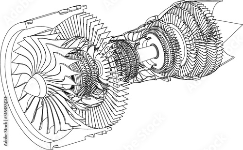 Jet engine isometrics. Vector line illustration. Concept vector illustration of advanced technology development, inheritance of skilled techniques and space development.
