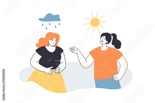 Good and bad mood of girl in rain and sunny weather. Female character thinking as optimist or pessimist flat vector illustration. Psychology concept for banner, website design or landing web page