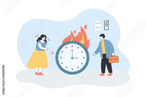 Sad business people watching on burning clock in fire. Lack of time to complete work task of man and woman flat vector illustration. Deadline concept for banner, website design or landing web page