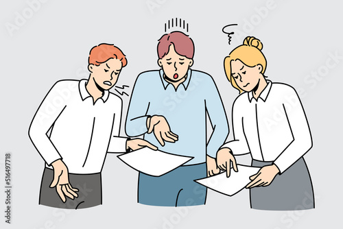 Colleagues fight about company paperwork. Businesspeople have misunderstanding or quarrel at workplace about document or report. Office problems. Vector illustration. 