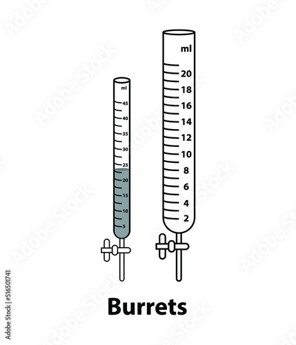  two Burettes one fills liquid. and without fill. vector. with measuring scale. Burette for chemical experiments in the laboratory. Vector illustration