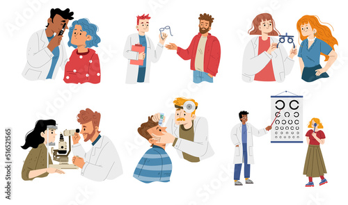 Ophthalmologist doctor checking patient eyes. People visiting oculist for optometry test and vision checkup. Medical optician treatment, glasses, focus correction, Line art flat vector illustration