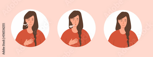 Set of circle avatars or portraits of young female doing abdominal breathing. Deep belly breathing technique Woman exhaling and inhaling. Meditation, diaphragmatic exercise, pranayama yoga. Vector.
