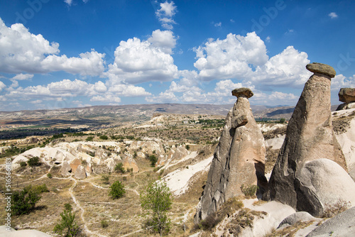 Cappadocia wide angle view with clouds and fairy chimneys