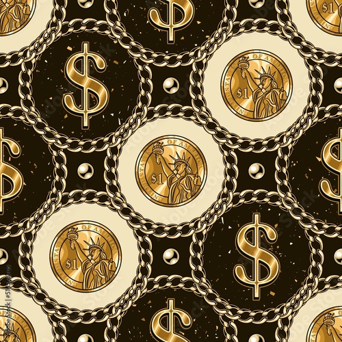 Seamless vintage diagonal pattern with gold dollar sign, one dollar coins, chains, beads. Texture with small particles like gold motes, dust. Classic luxury vintage background.