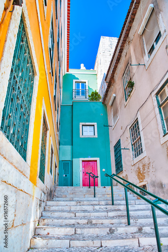 Portuguese Traveling. Traditional Old Houses of One of The Old Portuguese Colorful Buildings in Lisbon in Portugal