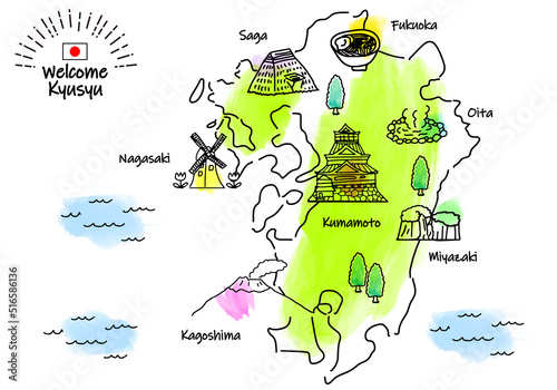 手描きの九州の観光地のシンプル線画イラストマップ 