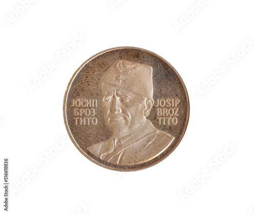 Silver coin made by Yugoslavia, that shows portrait of president Josip Broz Tito in uniform, celebrating 40th anniversary of The second session of AVNOJ in Jajce