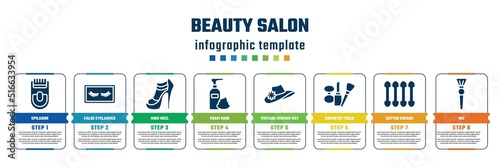 beauty salon concept infographic design template. included epilador, false eyelashes, high heel, foam hair, vintage woman hat, cosmetic tools, cotton swabs, inc icons and 8 steps or options.
