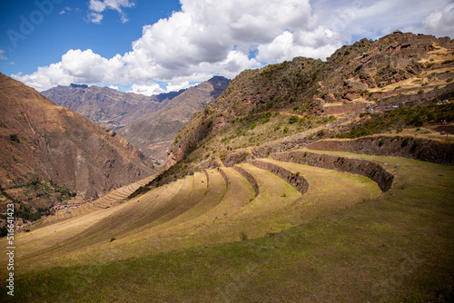 Farm terraces at Inca ruins at Pisac in the Sacred Valley in Cusco, Peru
