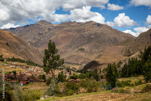 Crop fields in Pisac seen from above in the Sacred Valley in Cusco, Peru