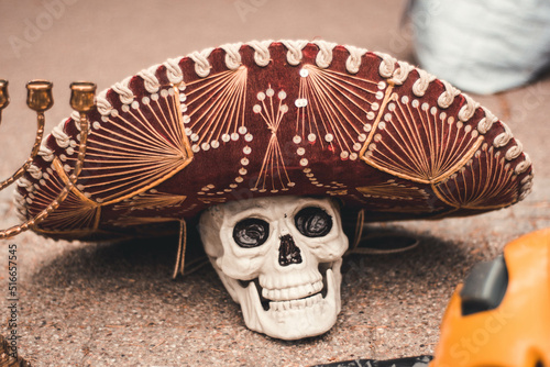 Traditional mexican skull in sombrero