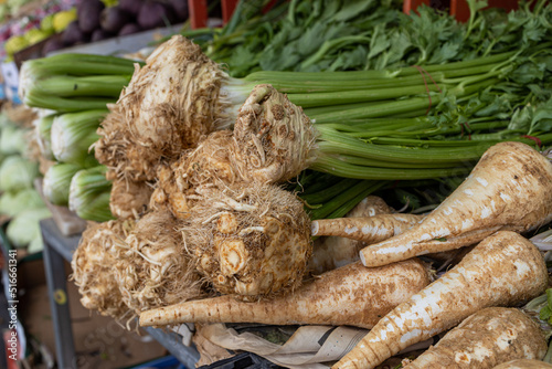 Celery and horseradish roots on a stall in a market in Haifa in Israel