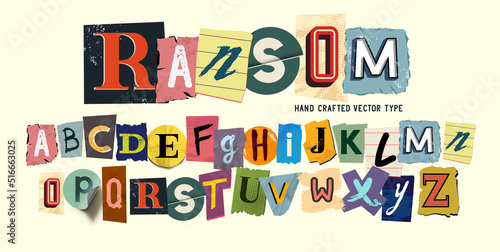 random collection of scrap letters, ransom note style. Vector font illustration.