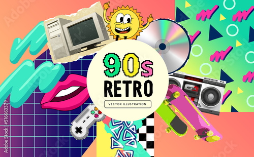 1990s retro background theme with iconic nineties objects and patterns. Vector illustration.