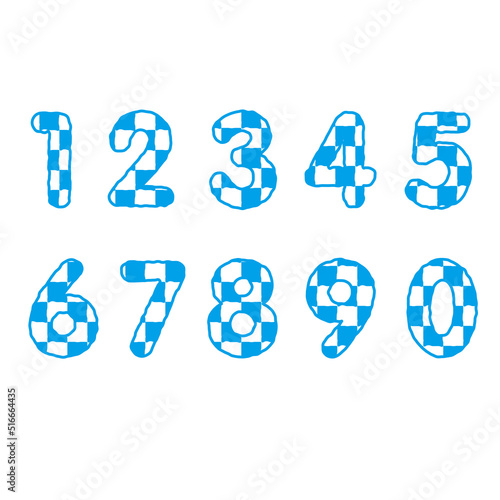 ラフな線とチェッカー模様の数字セット 青色