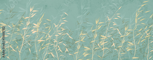 Abstract art background with grass in golden colors. Light botanical banner in a watercolor style for wallpaper, decor, print, interior design.