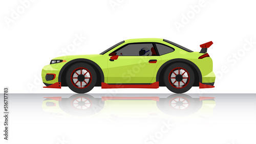 Concept vector illustration of detailed side of a flat green sports car with driving man inside car. with shadow of car on reflected from the ground below. And isolated white background.