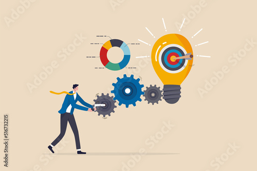 Project initiation or project management, research or implement business idea to see result, effort to develop idea and business goal concept, businessman turn cog wheels to light up lightbulb idea.