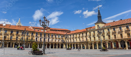Panorama of the colorful historic buildings at the Plaza Mayor of Leon, Spain