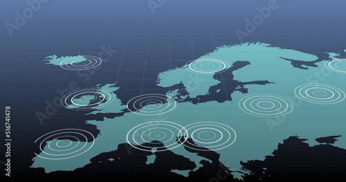 Image of white circles moving on world map