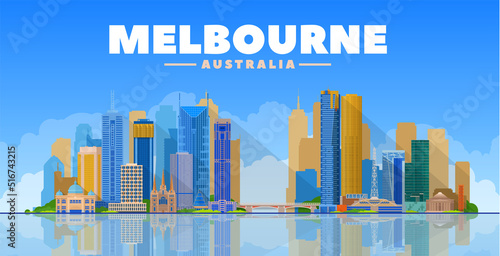 Melbourne Australia skyline vector illustration. Blue background with city panorama. Travel picture. Image for Presentation Banner Placard and Web Site.